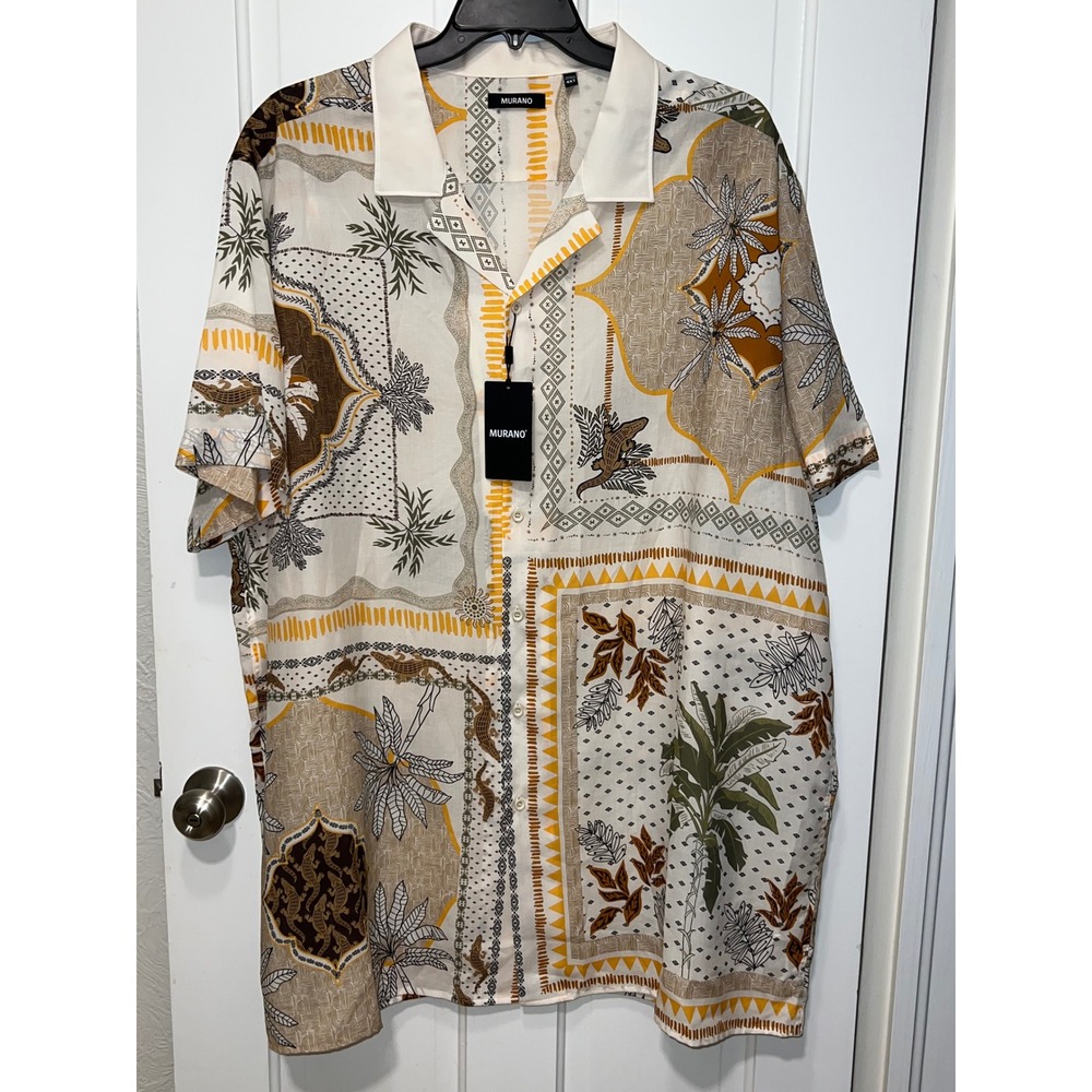 NWT Murano Mens 4XT Tall Short Sleeve Button Up Shirt Lyocell Linen Patchwork